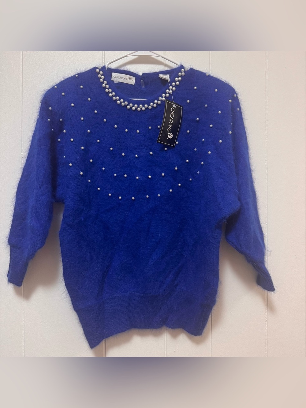 Encore vintage royal blue fuzzy angora blend  sweater pearl embellishment